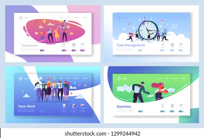 Business People Teamwork Landing Page Set. Creative Corporate Team Collaboration Work For Innovation Time Management Strategy. Overtime Character Concept For Website Flat Cartoon Vector Illustration