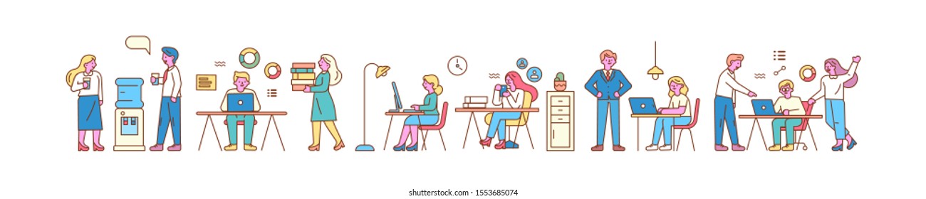 Business people, teamwork line art vector horizontal banner. Office workplace, meeting. People working together in the office. Flat vector illustration.
