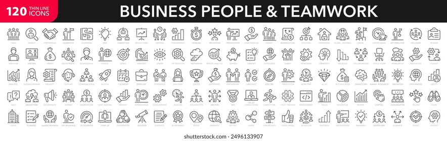 Business people and Teamwork line icons set. Businessman, human resources, work group, meeting, partnership, success, resume - stock vector.