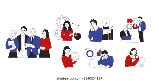 Business people teamwork, meeting doodle concept. Colleagues team develop idea work together thinking creative solution with infographic icons around. Brainstorm in office Line art vector illustration