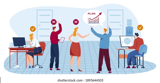 Business people teamwork meeting in office, share idea vector illustration. Businesswoman and businessman at computers, workspace disccuss plan in team with boss. Brainstorming.