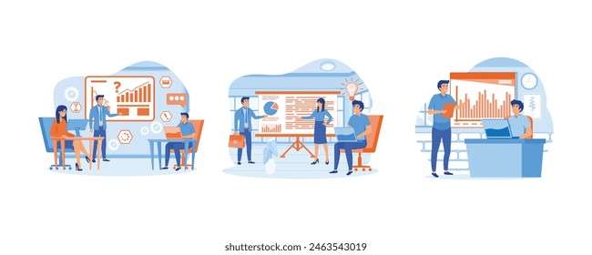 Business people teamwork in office. Businesswoman speaking, presenting graphs on board presentation. Business meeting team conference in office room. Set flat vector modern illustration 