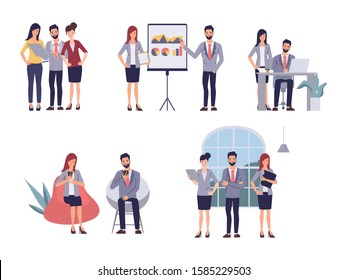 Business people teamwork office character. Colleague seminar meeting. Cartoon vector illustration in flat style.