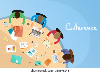 Business People Teamwork Office Working Sitting Conference Table, Businespeople Brainstorming Management Meeting Top Angle View Above Flat Vector Illustration