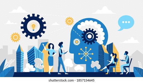 Business people teamwork on new ideas vector illustration. Cartoon businessman and businesswoman team of characters work on business progress, search for innovation idea project research background