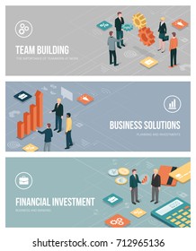 Business people, teamwork, planning and financial investments banners set with isometric characters and app buttons