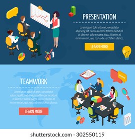 Business people teamwork and presentation interactive website isometric banners with learn more button abstract isolated vector illustration