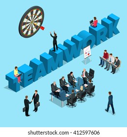 Business people teamwork. Business start up work moments flat icons collection with meeting planning presentation brainstorming teamwork and success isolated vector illustration 