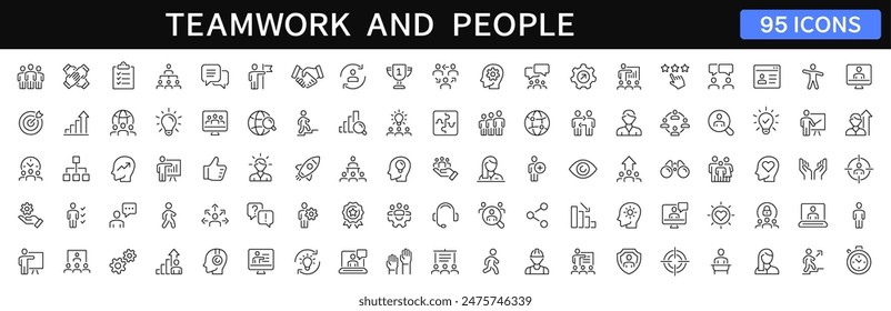 Business people and teamwork thin line icons set. Teamwork editable stroke icon collection. People, team, collaboration icons. Vector illustration