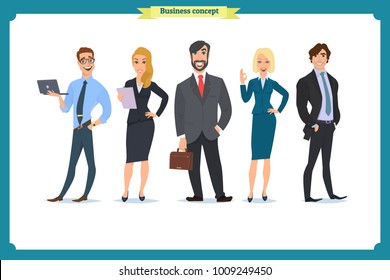 Business People teamwork, Vector illustration in a flat style cartoon character. Business team. A group of people dressed in strict suit. Businesswoman character, people consulting
