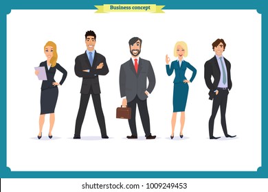 Business People teamwork, Vector illustration in a flat style cartoon character. Business team. A group of people dressed in strict suit. Businesswoman character, people consulting