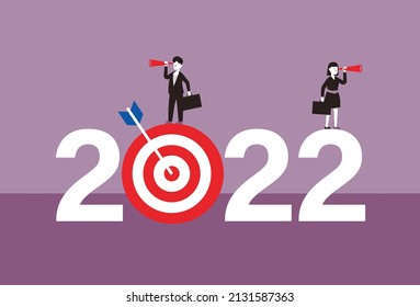 Business people with telescope standing on 2022 vector