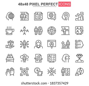 Business people thin line icons set. Business workflow, leadership and partnership unique design icons. Teamwork organization outline vector bundle. 48x48 pixel perfect linear pictogram pack.
