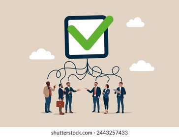 Business people think about agreement to deliver, leadership skill or trust on work responsibility. Flat vector illustration. 