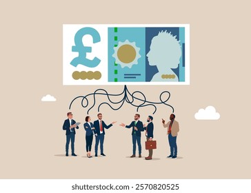 Business people think about big pound sterling banknote, leadership skill or trust on work responsibility. Pound sterling banknote. British money. Currency. Flat vector illustration