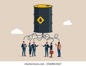 Business people think about crude oil, leadership skill or trust on work responsibility. Investment, wealth management. Commodities price for trading and investment, Agriculture Rice, Crude oil.