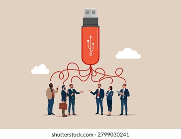 Business people think about document control in flash disk.  USB flash is an old medium to store information on computers. Modern vector illustration in flat style