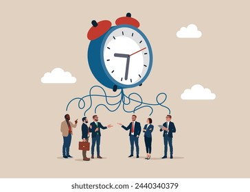 La gente de negocios piensa en horarios de trabajo flexibles, equilibrio de la vida laboral o enfoque y gestión del tiempo mientras trabaja desde el concepto del hogar. Ilustración vectorial plana