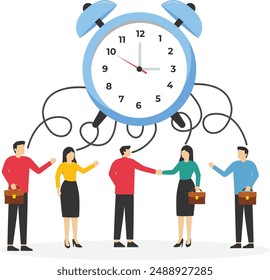 La gente de negocios piensa en horarios de trabajo flexibles, equilibrio de la vida laboral o enfoque y gestión del tiempo mientras trabaja desde el concepto del hogar. Ilustración vectorial plana

