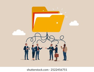 Os empresários pensam em organizar pasta, habilidade de liderança ou confiança na responsabilidade do trabalho. Organize arquivos de documentos em pastas de arquivamento. Ilustração de vetor plano. 