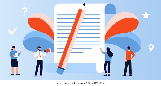 Business people think and brainstorming, concept for collaboration, finding solutions, big pencil and paper document. Сopywriting, creative writing, content management, testing, searching, exam, test