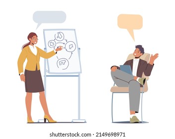 Business People Think and Discussing Idea, Teamwork, Brainstorm Concept. Creative Team Man and Woman in Office Projecting on White Board Discuss New Project. Cartoon Vector Illustration