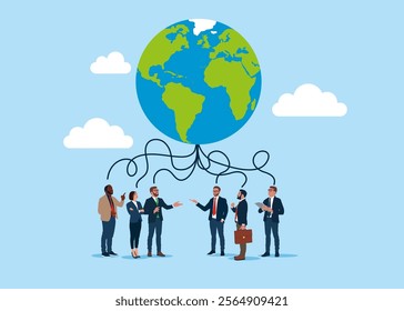 Business people think global business. Global business expansion, open company branches, franchise in new location to cover all continent, growing business worldwide. Flat vector illustration