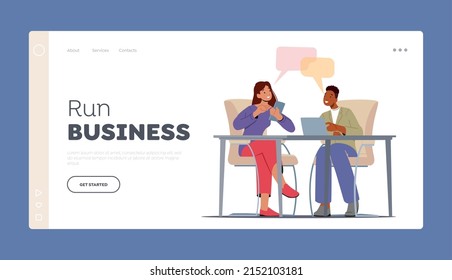 Business People Think Idea Landing Page Template. Teamwork, Brainstorm Concept. Creative Team Man and Woman Sitting at Office Desk With Devices Discuss New Project. Cartoon Vector t Illustration