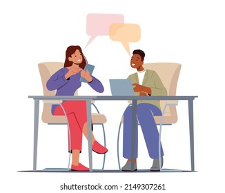 Business People Think Idea, Teamwork, Brainstorm Concept. Creative Team Man and Woman Sitting at Office Desk With Devices and Speech Bubbles Discuss New Project. Cartoon Vector t Illustration