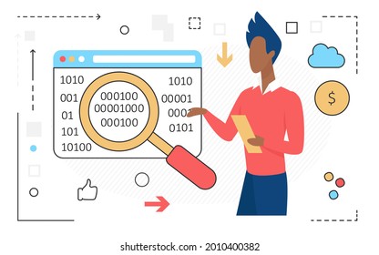 Business people think in work process, solve problem vector illustration. Cartoon businessman character thinking, standing near text bubble, gear wheels inside, question mark window isolated on white