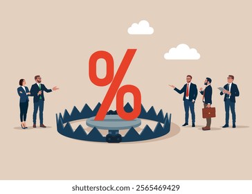 Business people are thinking about how to take red percentage sign from a bear trap. Interest and financial risks. Modern vector illustration in flat style