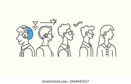 Business people thinking about using AI doodle style minimal color fill, Creativity, Innovation, Efficiency, Automation, Decision-making, cartoon, character, drawing, line art vector illustration.
