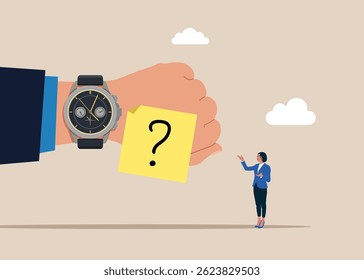 Business people  thinking and questioning a wristwatch. Sets the work deadline. Flat vector illustration.