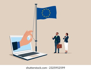 Business people and through the laptop hand businessman raising waving flag of European Union. Vector illustration.