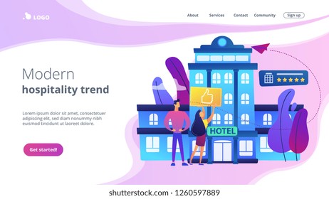 Business People With Thumb Up For Modern Trendy Lifestyle Hotel. Lifestyle Hotel, Modern Hospitality Trend, Cutting-edge Hotel Concept. Website Vibrant Violet Landing Web Page Template.