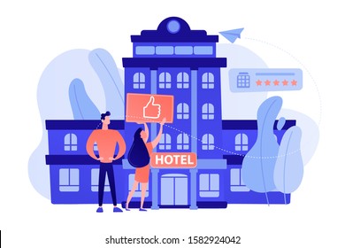 Business people with thumb up for modern trendy lifestyle hotel. Lifestyle hotel, modern hospitality trend, cutting-edge hotel concept. Pinkish coral bluevector isolated illustration