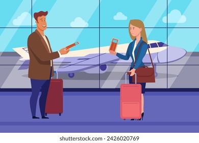 Business people with tickets and suitcases in airport. Vector illustration. Businessman and businesswoman travelling. Airplane landing on background. Business trip concept