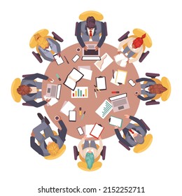 Business people top view. Corporate round table workspace, employees at conference sitting at desk, office meeting, expert team brainstorm, men and women with documents, vector concept