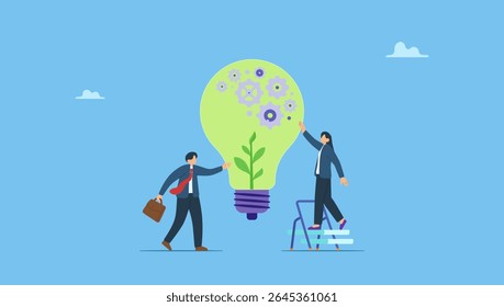 Business people touch light bulb with seedling green plant and governance gear. ESG, Environmental, Social and Corporate Governance, company responsibility to care world environment and people.