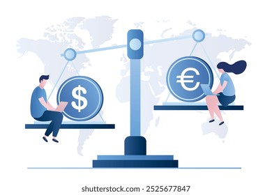 Gente de negocios o comerciantes con computadoras portátiles sentados en escalas con moneda de dólar y moneda de euro, concepto de mercado de valores de moneda global. Personajes masculinos y femeninos, mercado de cambio, forex. Ilustración vectorial.