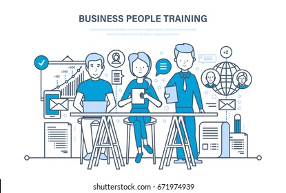 Business people training, education, consulting, learning, teaching, professional, career growth, teamwork, knowledge, skills. Illustration thin line design of vector doodles, infographics elements.