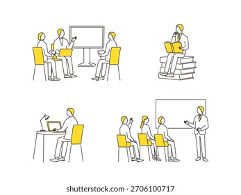 Treinamento e aprendizado de empresários. Participação em seminários e workshops. Conjunto de ilustrações vetoriais. Desenho de linha.