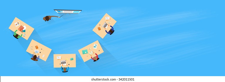 Business People Training Top Above View Sitting Desk Business people Group Presentation Team Meeting Flat Banner Copy Space Vector Illustration