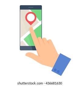 Business people travel concept. Flat vector illustration of a human hand and a map on a mobile phone screen. Man and pointer are pointing a place. Infographic elements isolated on white background.