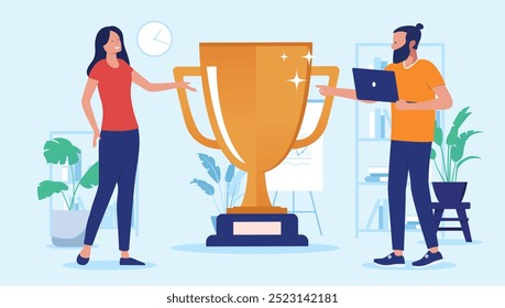 Empresários com copa troféu - Homem e mulher no escritório ganhando prêmio por ser grande e realizar realizações. Ilustração de vetor de design plano