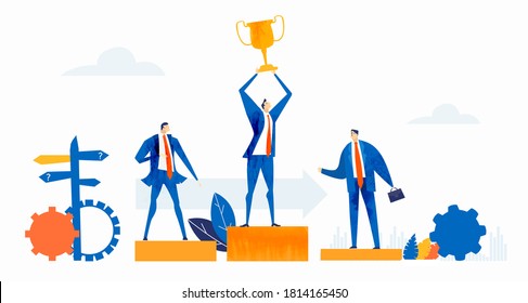 Business people and trophy. First place, the best banker. Business people get awards. 