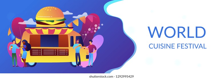 Business people at truck with burger eating fast food and drinking coffee. Street food festival, local food network, world cuisine festival concept. Header or footer banner template with copy space.