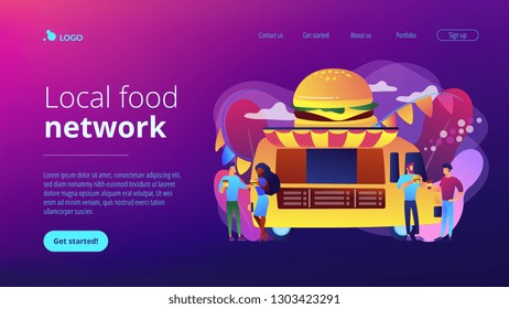 Business people at truck with burger eating fast food and drinking coffee. Street food festival, local food network, world cuisine festival concept. Website vibrant violet landing web page template.