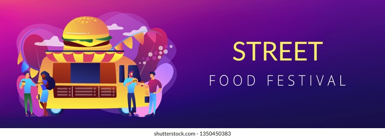 Business people at truck with burger eating fast food and drinking coffee. Street food festival, local food network, world cuisine festival concept. Header or footer banner template with copy space.