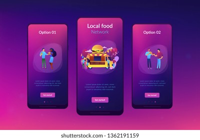 Business people at truck with burger eating fast food and drinking coffee. Street food festival, local food network, world cuisine festival concept. Mobile UI UX GUI template, app interface wireframe